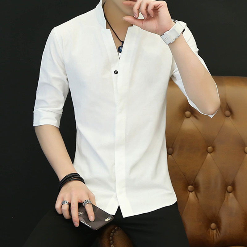 白色亚麻衬衫男韩版短袖潮流修身青年立领帅气寸衫男士长袖衬衣cs