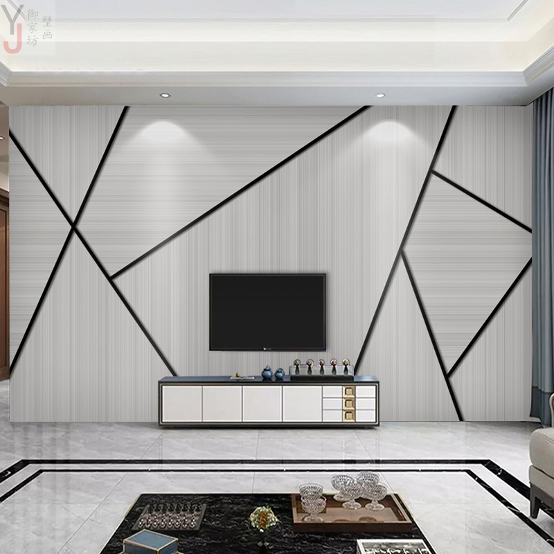 8d现代简约灰色几何电视背景墙壁纸北欧客厅装饰墙布定制线条壁画