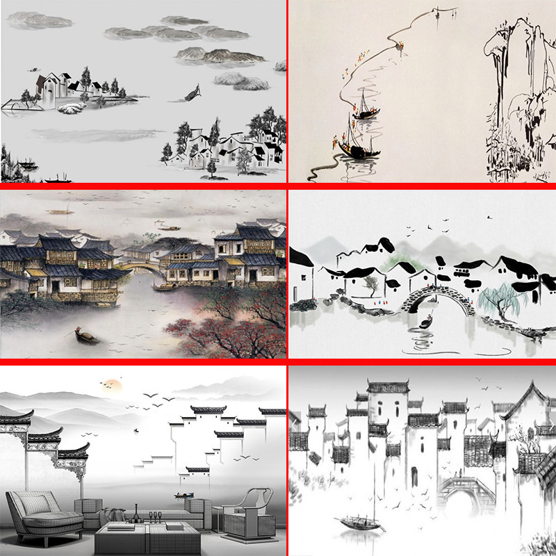 3d中式风景水墨画壁纸餐厅火锅店饭店徽派背景墙江南水乡壁画墙纸