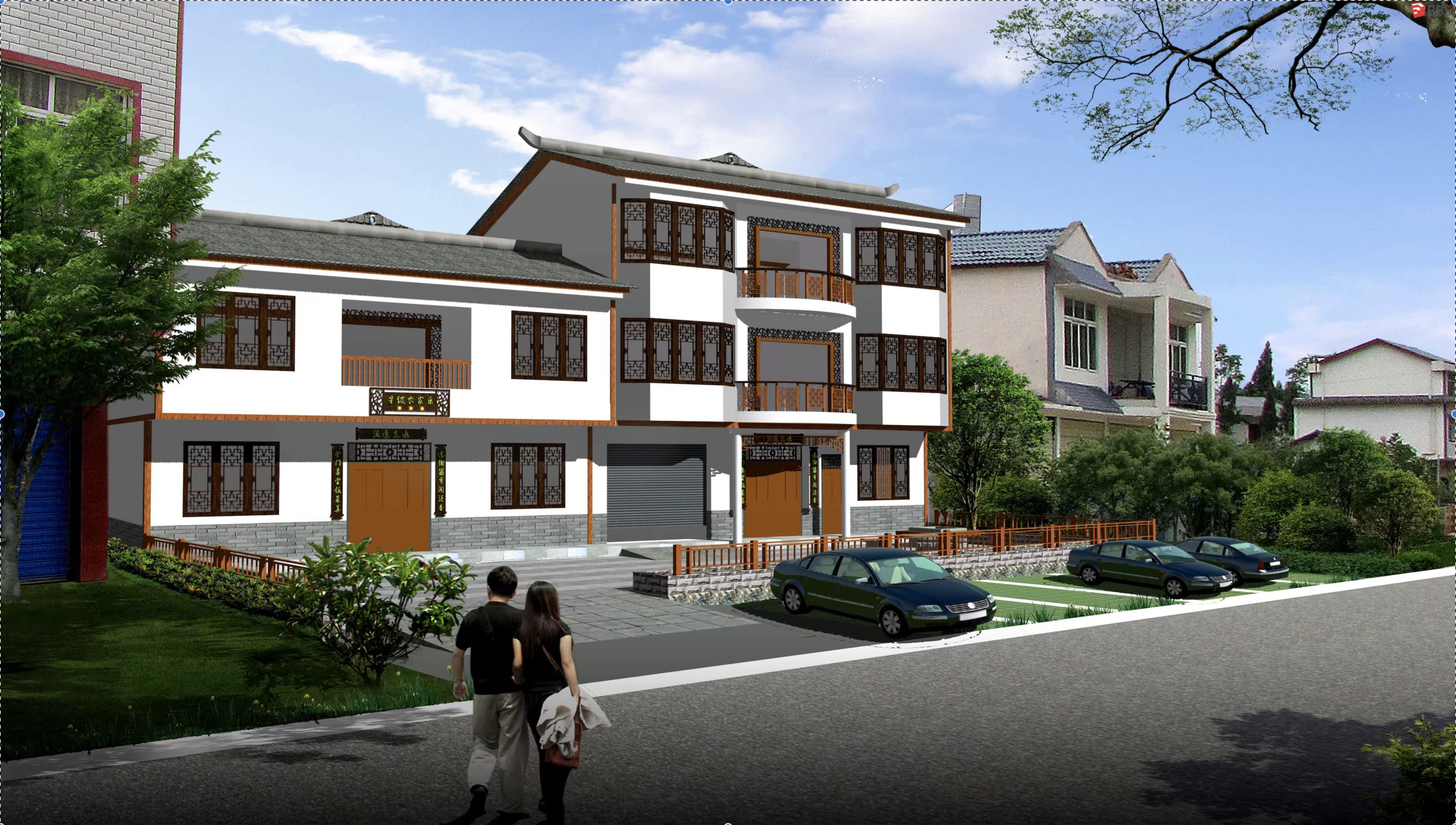 西南地区新农村三层仿古建筑四川新中式民居住宅楼房su模型图