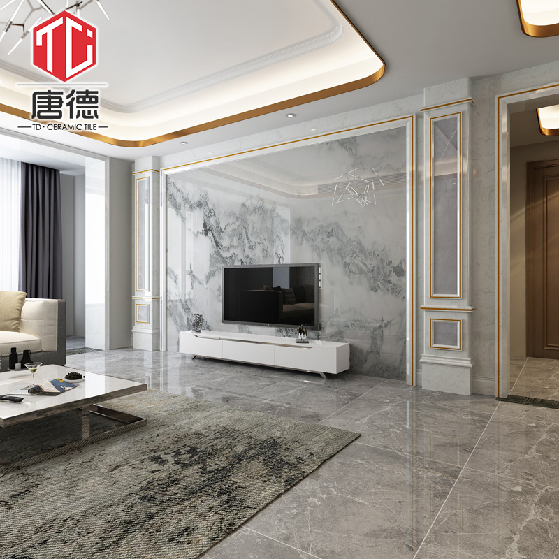 中式微晶石电视背景墙瓷砖现代简约影视墙造型框客厅大理石山水画