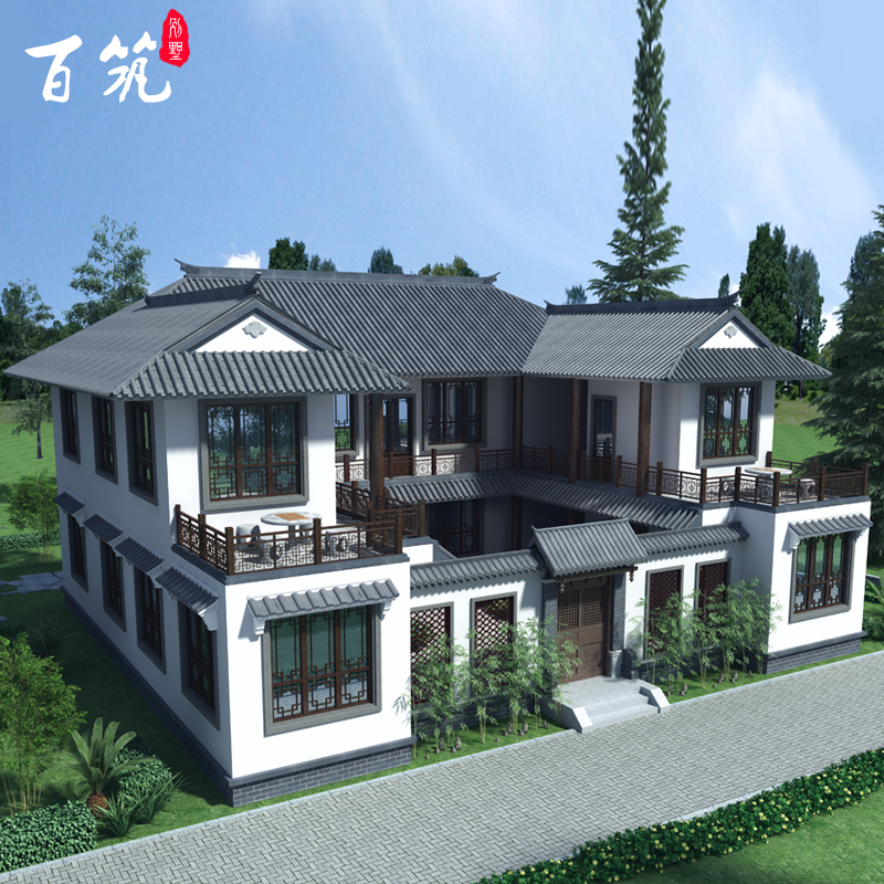 bz2148乡村别墅设计图纸二层新中式带堂屋四合院高档自建房屋全套