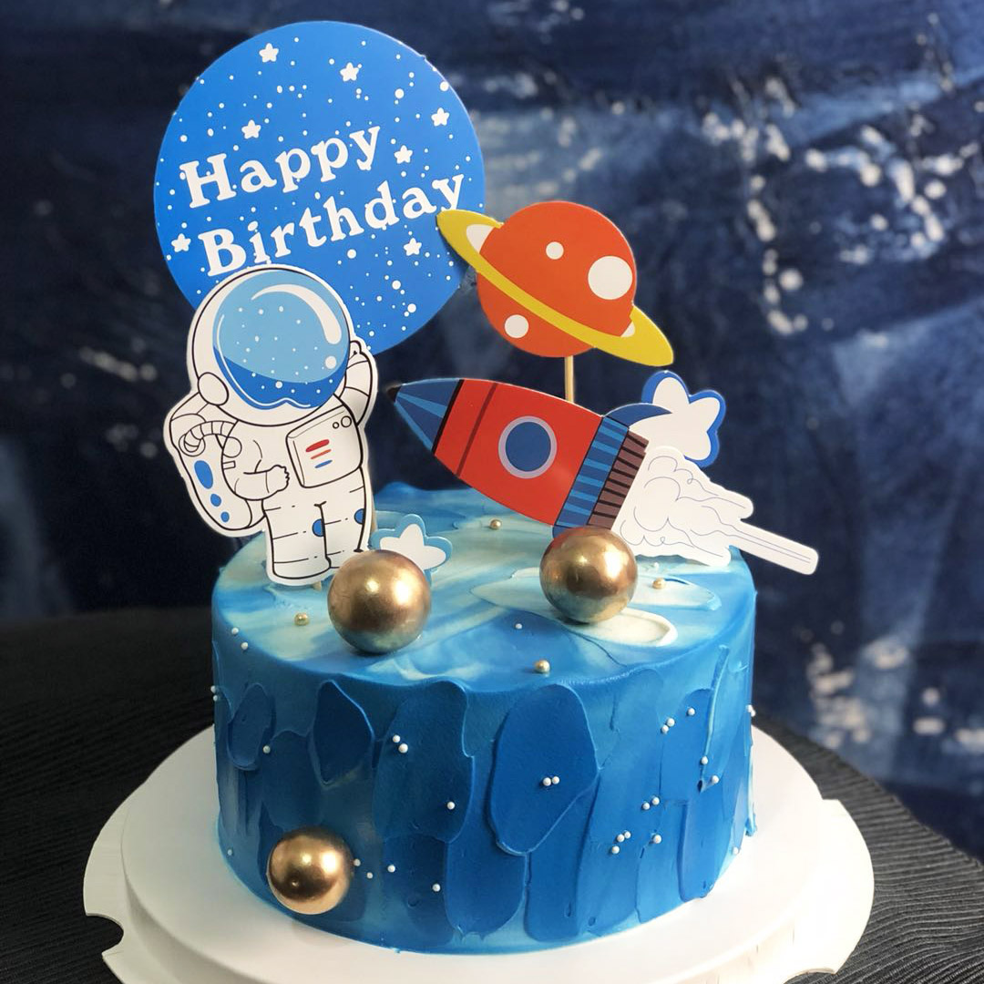 彩虹烘焙馆生日蛋糕装饰纸质插牌星球蛋糕飞船宇航员星空新款