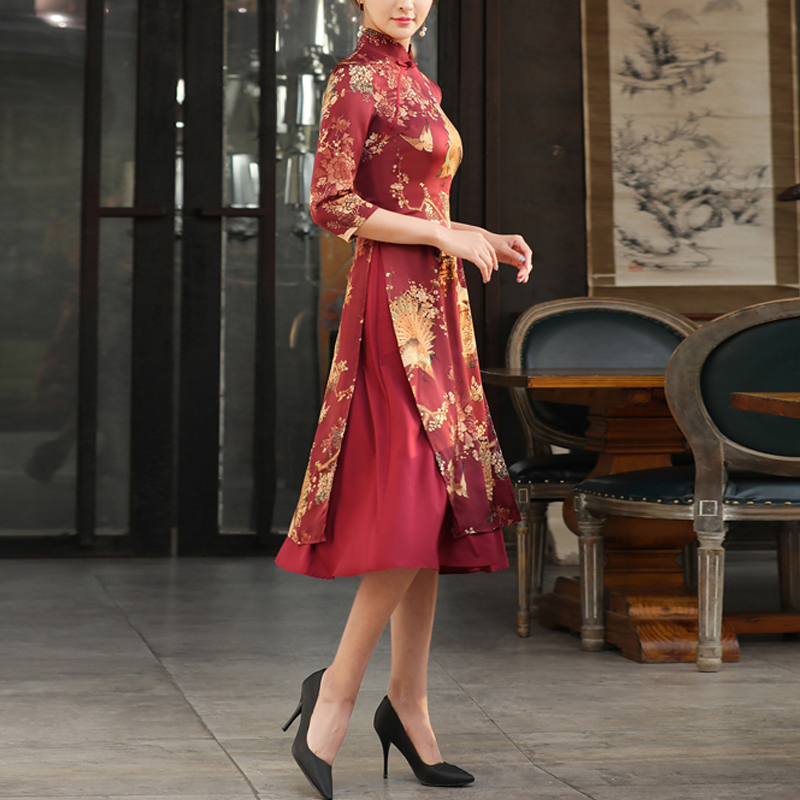 新式奥黛旗袍越南正宗改良版中年女妈妈长款气质中国风春夏连衣裙