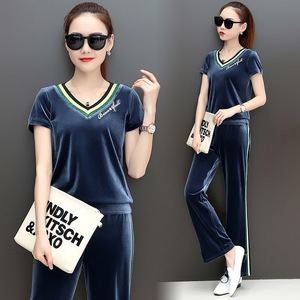 2018新款夏季金丝绒运动服套装女品牌韩版时尚短袖休闲卫衣两件套品牌运动服