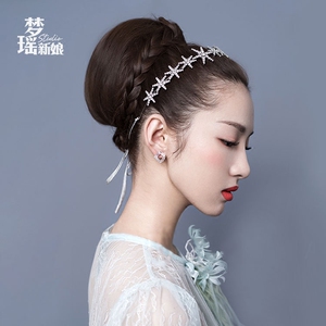梦瑶新娘简约星星水钻发带香槟色丝带婚礼服聚会造型配发头饰品新娘饰品