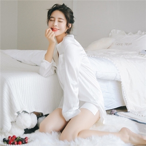 性感睡衣女夏薄款仿真丝诱惑情趣内衣白色长袖男友衬衫睡裙秋冬款情趣睡衣