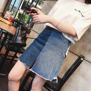 小宜定制YESWOMEN毛边不规则牛仔短裙女a字裙包臀开叉半身裙拼色规则定制